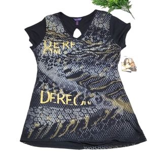 Dereon Black Gold Pullover‎ Open Keyhole Back Top Size 1X.